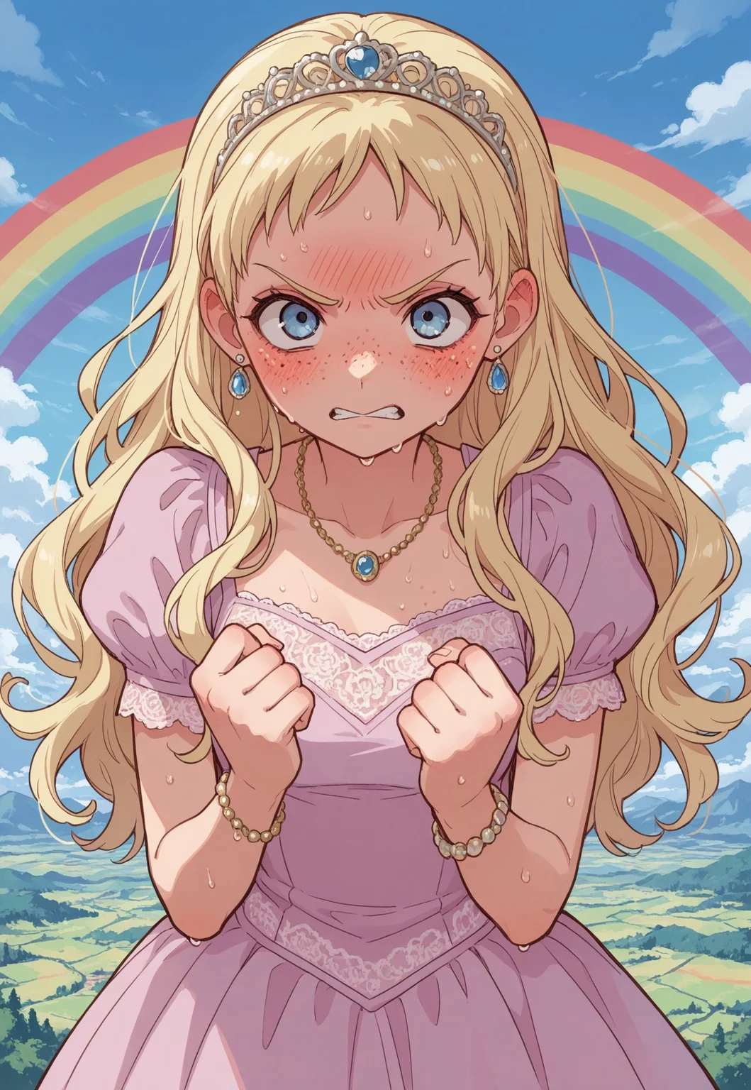 masterpiece, best quality, tbhkaida, rainbow paradisiac landscape, 1girl, solo, pastel blonde hair, long hair, blushing, (freckles:1.2), grey blue eyes, angry, tiara, intricate silky pink dress with lace and jewelry, earrings, necklaces, bracelets, sweaty face, clenched fist