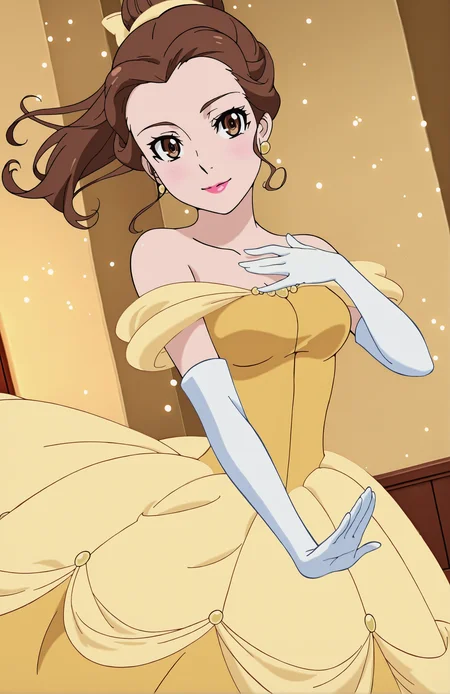 ChaikaStyle, 1girl, medium breasts, bow, brown hair, brown eyes, yellow dress, off-shoulder dress, bare shoukders, white gloves, long dress, elbow gloves, jewelry, ponytail, single hair bun, lipstick, floating hair, makeup, light smile, dutch angle, cute pose, happy, looking at viewer, princess castle, indoors, elegant room, portrait, dynamic pose, cowboy shot, hand on chest, head tilt, light particles, from side