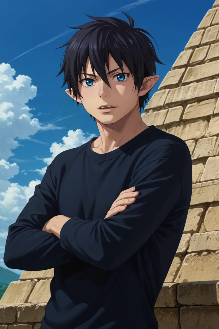 score_9, score_8_up, score_7_up, source_anime, rating_safe, intricate details, (realistic:0.6), , , 1boy, solo, male focus, <lora:rin_okumura_pony:0.88>, rin_okumura, black hair, blue eyes, short hair, hair between eyes, pointy ears, , , straight-on, pyramid, day, crossed arms, open mouth, , <lora:sdxl_lightning_8step_lora:1>