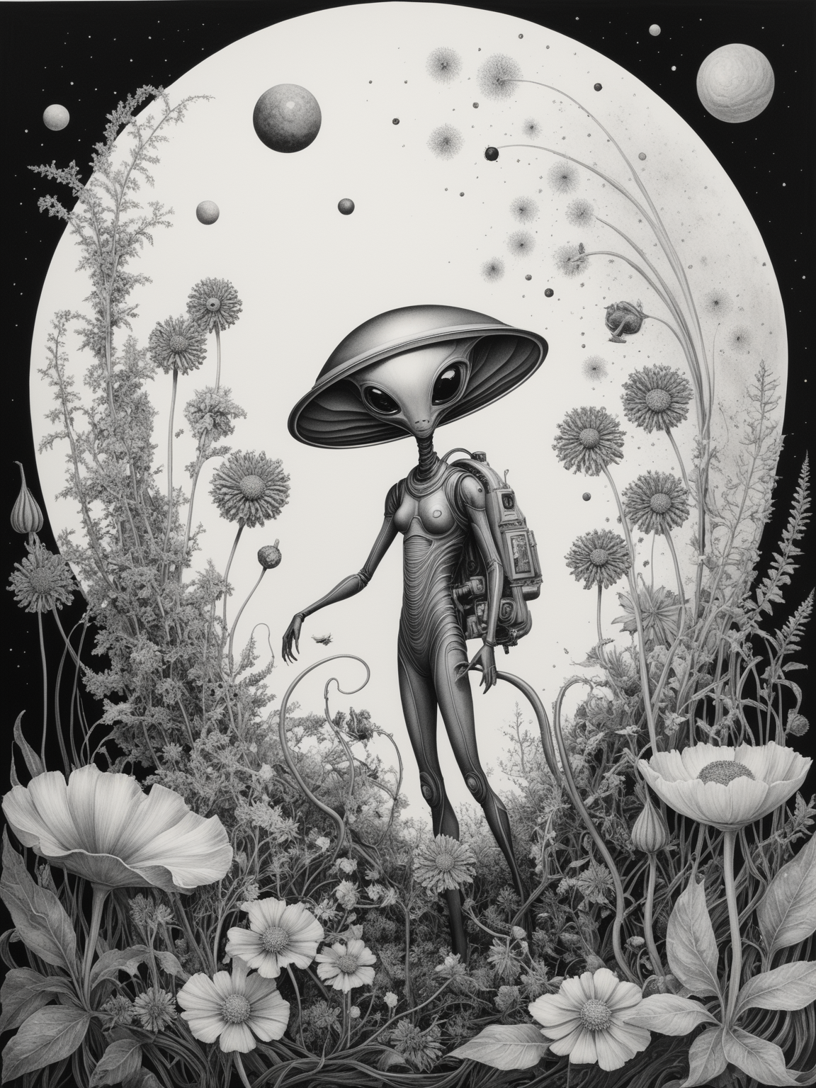 Graphite and Ink - Interstellar Flora Explorer, Picture an alien character with petals for skin and roots for limbs, exploring a celestial garden filled with otherworldly flowers and plants. The garden is alive with vibrant, intricate flora that seems to pulsate with energy. The alien is depicted collecting samples, its every movement creating ripples in the atmospheric energy around. The scene is detailed with the precision of graphite and the boldness of ink, showcasing a harmonious blend of nature and the unknown.
 <lora:fractal-art.v1:0.8>