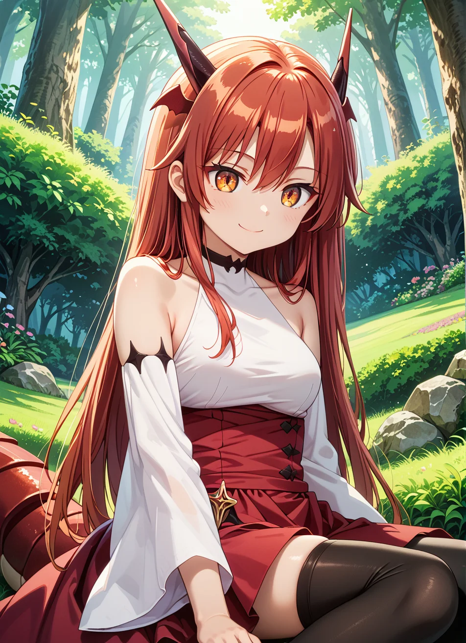 score_9,score_8_up,score_7_up,source_anime BREAK prefect lighting,very aesthetic,prefect hands,best quality BREAK
intricate details,highly detailed background,(masterpiece:0.9),high quality,lustrous_skin,skindentation,
ultra delicate hair,
<lora:cfg_scale_boost:0.6>,
face_detail,
skin_detail,
<lora:tania_izo:0.8>,taniav2,red hair,long hair,horns,dragon horns,orange eyes,hair between eyes,dragon girl,head wings,dragon tail,
bare shoulders,long sleeves,detached sleeves,white sleeves,collarbone,white shirt,red skirt,dress,wide sleeves,choker,black thighhighs,
masterpiece,best quality,score_9,score_8_up,score_7_up,ultra-detailed,Best-A,Medium-B,Low-C,Bad-D,
cute,light_blush,in a meadow,grove,smile,dynamic_angle,1girl,solo,from_below,sitting,