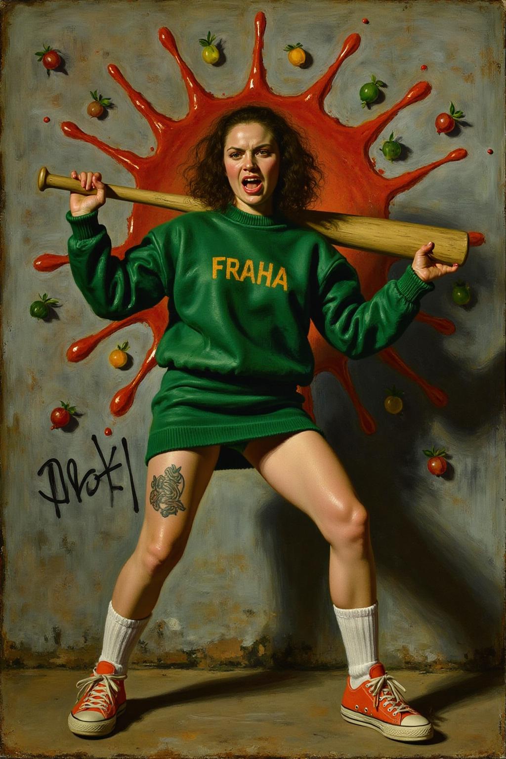fraha1 painting. liquid splash, cartoonish juicy fruits chaos, dynamic pose, dynamic camera, a fashion shoot, an illustration of a woman threateningly holding a baseball bat in her hands, full body tattoo, wearing green short sweater, miniskirt, knee socks, orange sneakers, aggressive facial expression, wall with graffiti in the background,  <lora:fraha2_nocap_d6a3:1.0><lora:806972682450161813:0>
