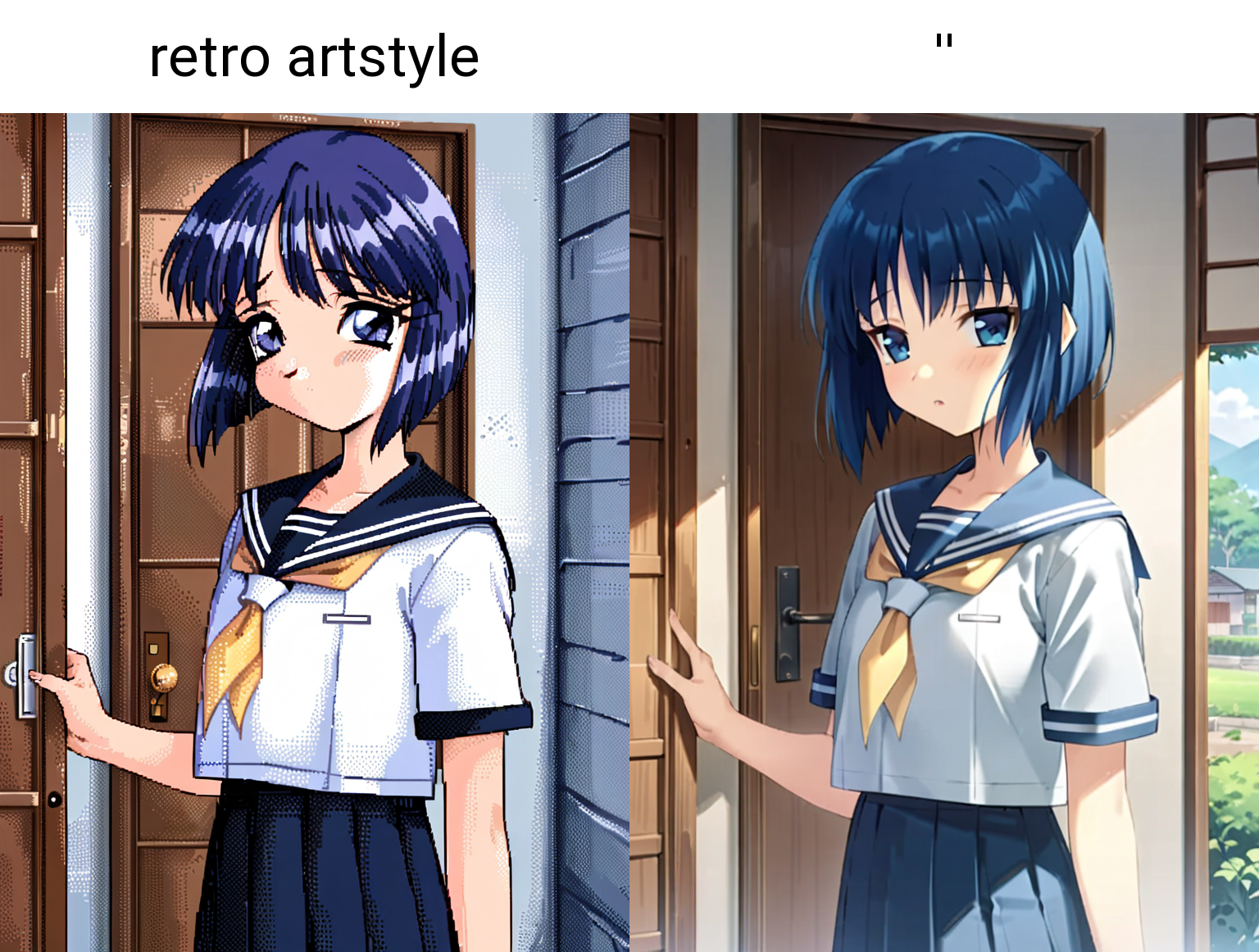 1girl, kaede, kizuato, school uniform,standing, looking at viewer, retro artstyle,
school uniform, serahuku,
standing in front of house door, wall, in countryside, in outdoor, (cowboy shot), 
(long shot:1.5),
(from front:1.5),
masterpiece, best quality, very aesthetic, absurdres, latest, retro artstyle
<lora:kaede-xl-v2-000020:0.8>