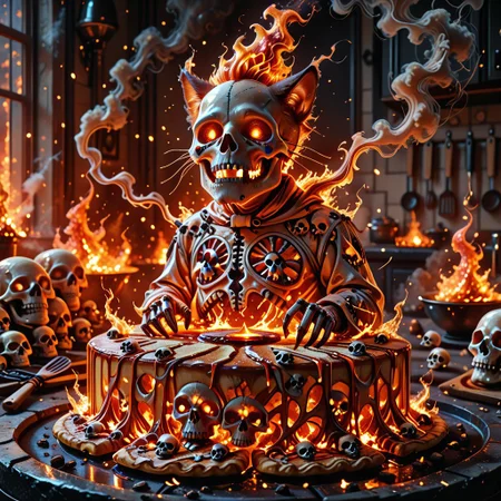 cf_style, skullthemeXL, glowing embers, fire particles, cartoon realism, exaggerated expressions,
1 chubby cat chef with flaming whiskers flipping skull-shaped pancakes on a stove made of molten bones. 
Background is a kitchen with counters of ribcages, smoke trails forming ghostly skulls.  
Glowing orange and red lighting, flames gently reflecting on his fur. Soft outlines, stylized fire.