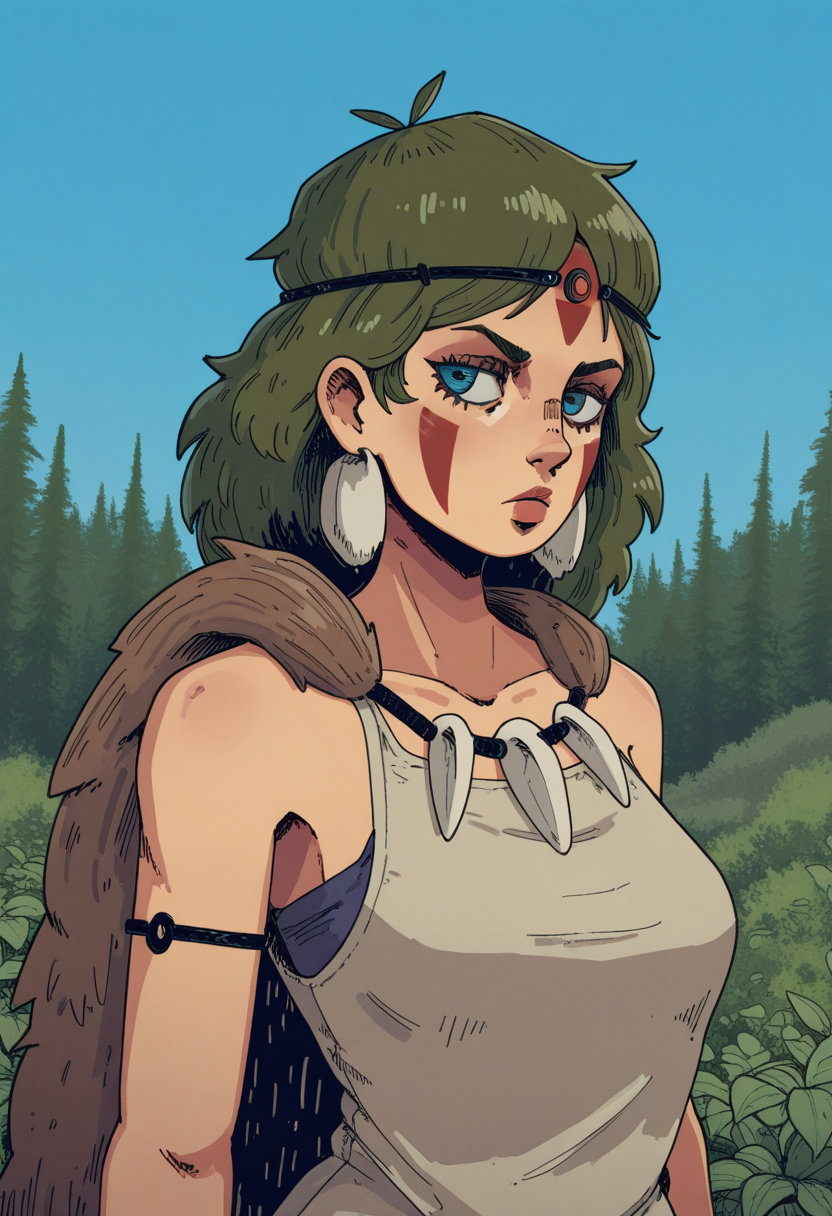10P3Zstyle, masterpiece, best quality, solo,                                                                                                            princess mononoke, blue eyes, tribal clothing, wooded trees, bushes,  area, blue sky, bust shot