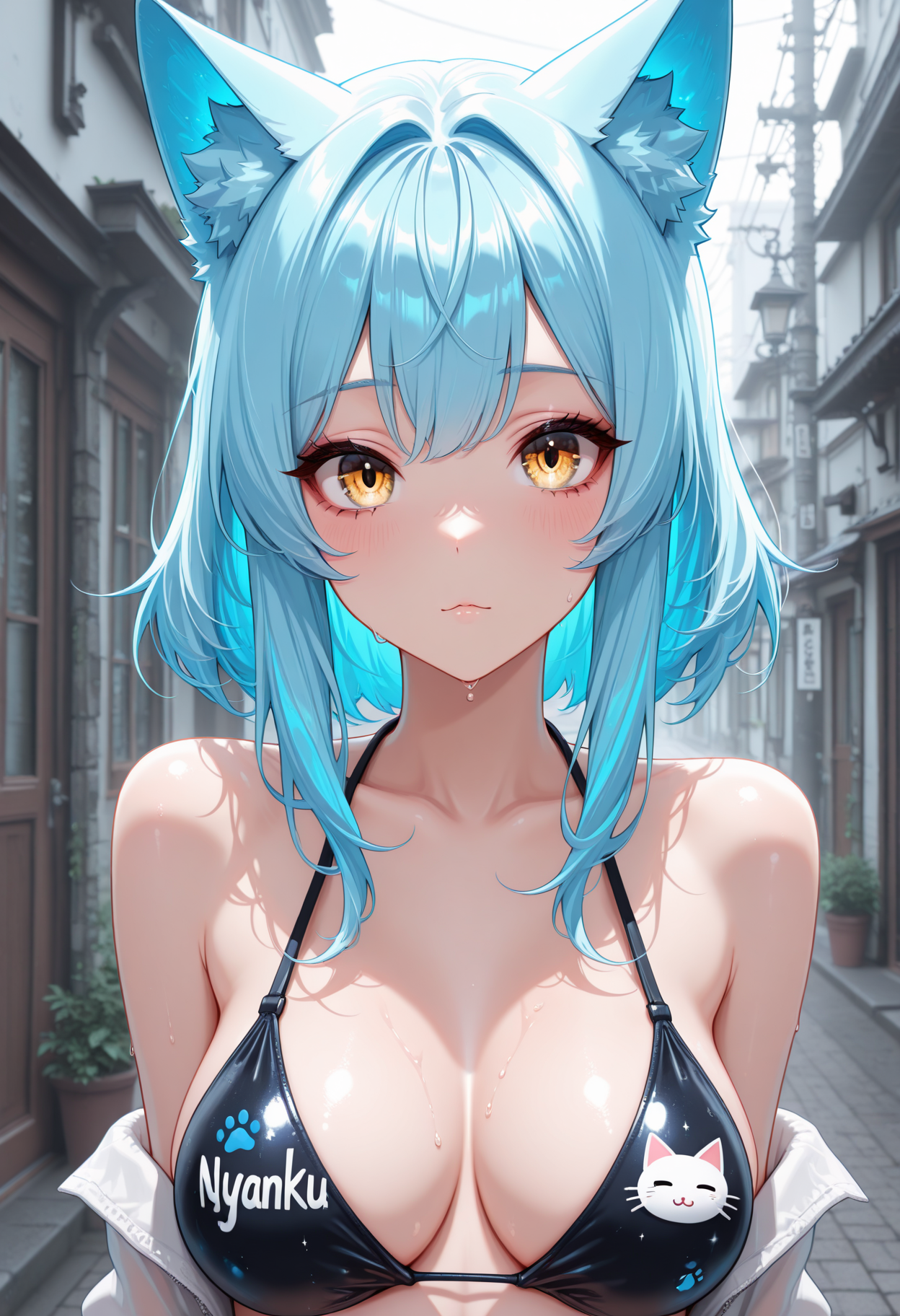lazypos, 1girl, cat ears, cat girl, electric blue hair, gold eyes, medium breasts,  <lora:Nyanku-000005:1>, Nyanku, Nyankupatches, over-the-shoulder, slightly to the left, bikini
