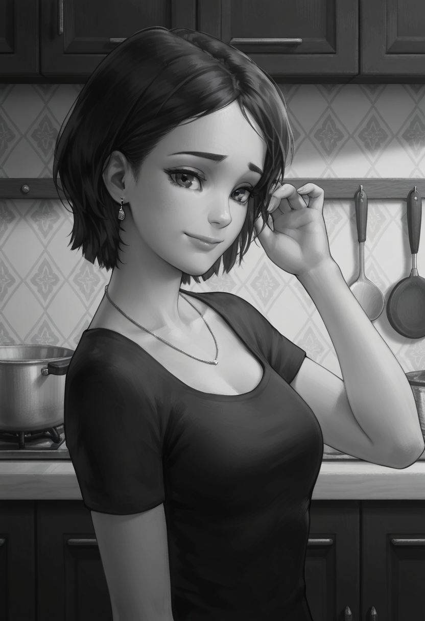 Graphic Design, greyscale, monochrome, intricate details, high contrast, detailed background, beautiful detailed, beautiful face, detailed eyes, detailed face, new, k4r1n4, 1girl, solo, jewelry, short hair, earrings, necklace, black hair, black dress, short sleeves, upper body, (sad:0.7), light smile, adjusting hair, looking at viewer, kitchen, (from side:0.8), (masterpiece, best quality, newest, recent, absurdres),