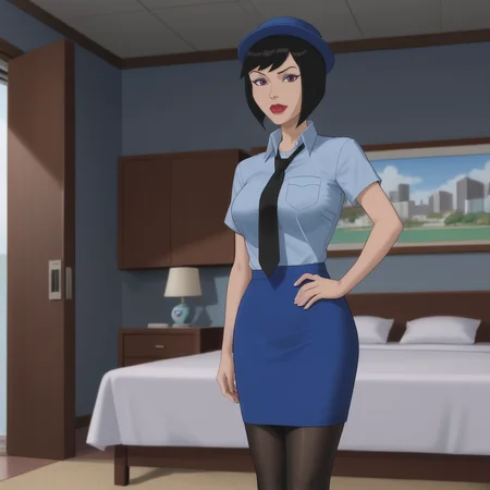 <lora:loislaneunchained_pony_v1:.8> loislanebedroom, 1girl, short hair, black hair, lipstick, large breasts, makeup, cowboy shot <lora:0820 tokisaki kurumi policewoman fan costume_v1_pony:1> ruanyi0820,black necktie,blue hat,blue shirt,blue skirt,black pantyhose,short sleeves,pencil skirt