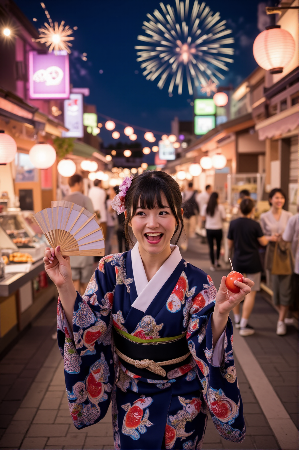 A waifu dressed in a deep indigo yukata, patterned with golden koi, stands in the middle of a bustling summer festival. She clutches a delicate fan in one hand while her other holds a candied apple. The glow of paper lanterns, neon festival signs, and dazzling fireworks above illuminate her excited expression. Laughter echoes from the game stalls as the energy of the natural elementsâwind ruffling her obi, the crackle of sparklers, and the aroma of sizzling yakitoriâsurrounds her in an unforgettable cinematic festival scene.
<lora:anime-waifu-flux:1>