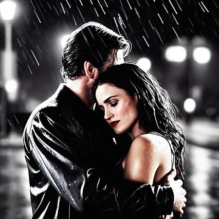 cinematic film still of  <lora:Sin City:1> 
A Graphic Novel By Frank Miller
a man and woman embracing in the rain sin city style, shallow depth of field, vignette, highly detailed, high budget, bokeh, cinemascope, moody, epic, gorgeous, film grain, grainy