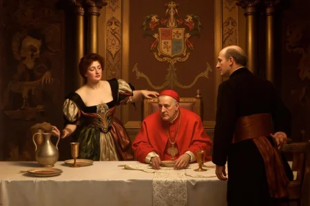 johncollier1 painting.
Two men and a woman stand around a table, with a seated Pope in the center. There are plates, cups, and a jug on the table. The man on the left gestures while speaking. The room features ornate columns and a coat of arms. <lora:johncollier1_cap_d8a4e12:1.0><lora:850610593839751255:0>