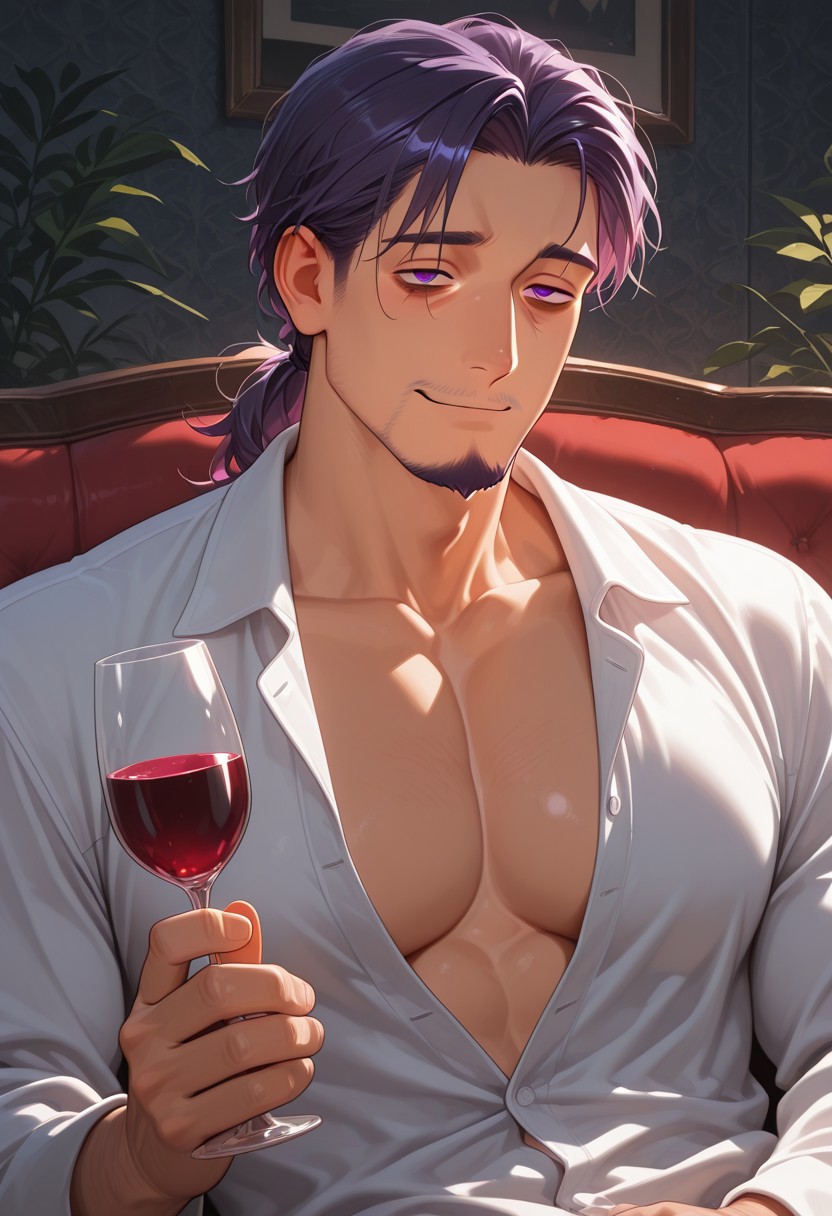 1boy, mbti_intp, mature man, purple eyes, droopy eyes, eye bags, tied hair, goatee, unbuttoned silk shirt, broad shoulders, collarbone focus, sensual gaze, hand subtly caressing own chest, lounging on a velvet sofa, low light, intimate atmosphere, wine glass, hint of stubble, alluring smirk, bedroom setting