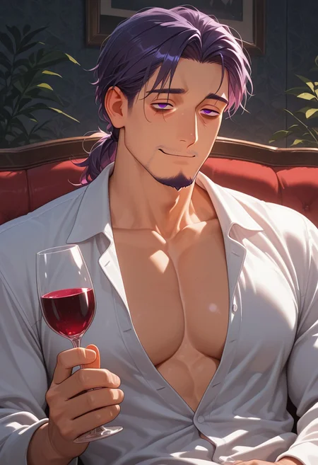 1boy, mbti_intp, mature man, purple eyes, droopy eyes, eye bags, tied hair, goatee, unbuttoned silk shirt, broad shoulders, collarbone focus, sensual gaze, hand subtly caressing own chest, lounging on a velvet sofa, low light, intimate atmosphere, wine glass, hint of stubble, alluring smirk, bedroom setting