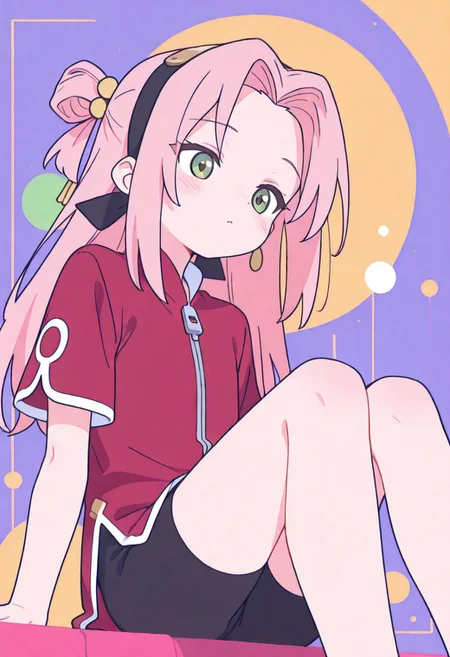 Colorful themes, High Saturation, haiz_ai, orenji,
<lora:ponyv6_noobE11_2_adamW-000017:0.9> <lora:MeMaXL4:0.3> <lora:veluflora-wai:0.35> <lora:haiz_ai_illu:0.7>, allegro,
masterpiece, best quality, newest, Smooth, very awa, very aesthetic, flat colors,
flatchest, small, fragile, youthful, petite, solo, cute, kawaii, fair skin, 1girl, haruno sakura, pink hair, long hair, green eyes,
red shirt, red qipao ,zipper, short sleeves, bike shorts,
nsfw,