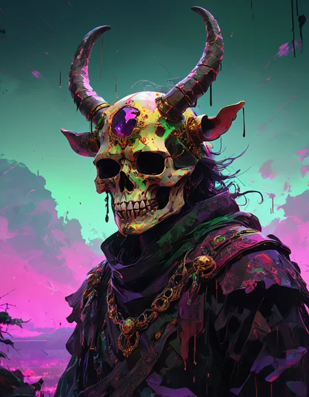 (best quality, highres, highly detailed:1.2), , An amalgation of skulls, held up by an ambiguous, human looking creature. The creature wears a dark red mask with golden oni horns, no other features besides deep black eye sockets. The background is a mixture of amethyst, sickly yellows and poisonous green colors. In the distance one can see other ambiguous silhouettes. Depth of field, cowboy shot, dutch angle, moody lighting, dark, outdoors, nighttime, nightsky, , gl1tchc0re, glitch, glitched, glitched graphic, abstract glitch, glitch texture, detailed_notrigger, poisoncore, NLSTN, glowing, dark<lora:Pony Effects\blacksnowskill\NLSTN.safetensors:0.8:0.8> <lora:XL Effects\DarkDescent\Poisoncore.safetensors:0.5:0.5> <lora:XL Enhance\ntc\detailed_notrigger.safetensors:0.9:0.9> <lora:XL Effects\DarkDescent\Glitchcore_SDXL.safetensors:0.5:0.5>