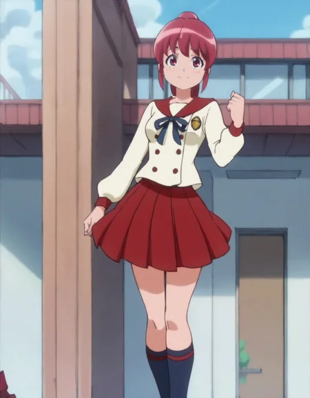 score_9, score_8_up, score_7_up, anime screencap, solo,1girl,ainomegumi,red sailor collar, school uniform, red skirt, smile, kneehighs, serafuku, looking at viewer, cowboy shot,medium breasts,blush<lora:ainomegumi:0.8>