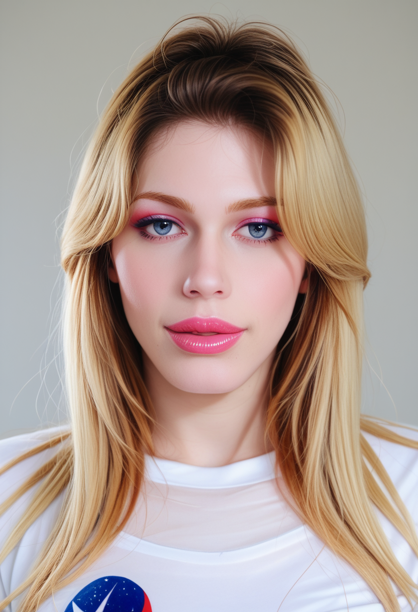 score_9, score_8_up, score_7_up, CarlaC4rd1ll3, Carla Cardille, <lora:CarlaC4rd1ll3-pony:1>, 1girl, makeup, lips, space buns hair, big lips, lip gloss, (bobbed hair), blonde hair, tee-shirt, nasa, retro, portrait, solo, looking at viewer, bokeh, focus, film, velvia, artistic, best quality, photograph, focus