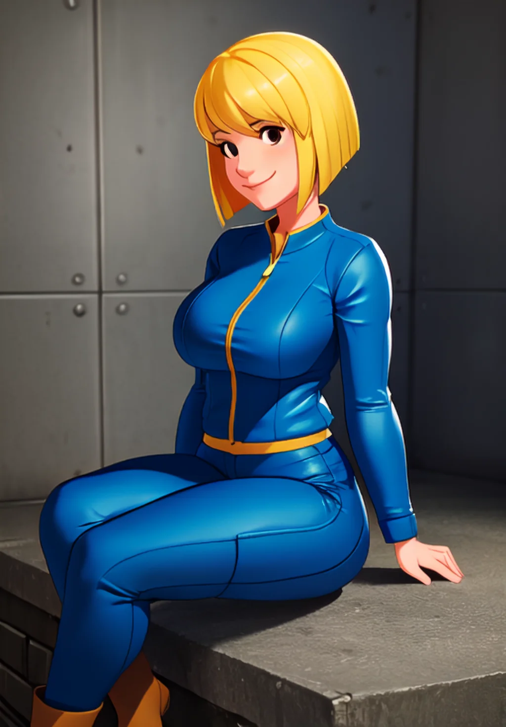 sfw, <lora:vault-girl:0.8>, vault-girl, 1girl, solo, smile, sitting, (masterpiece, best quality, absurdres, detailed, ultra-detailed:1.3), gorgeous, (trending on CGSociety, trending on pixiv, contest winner:1.3)