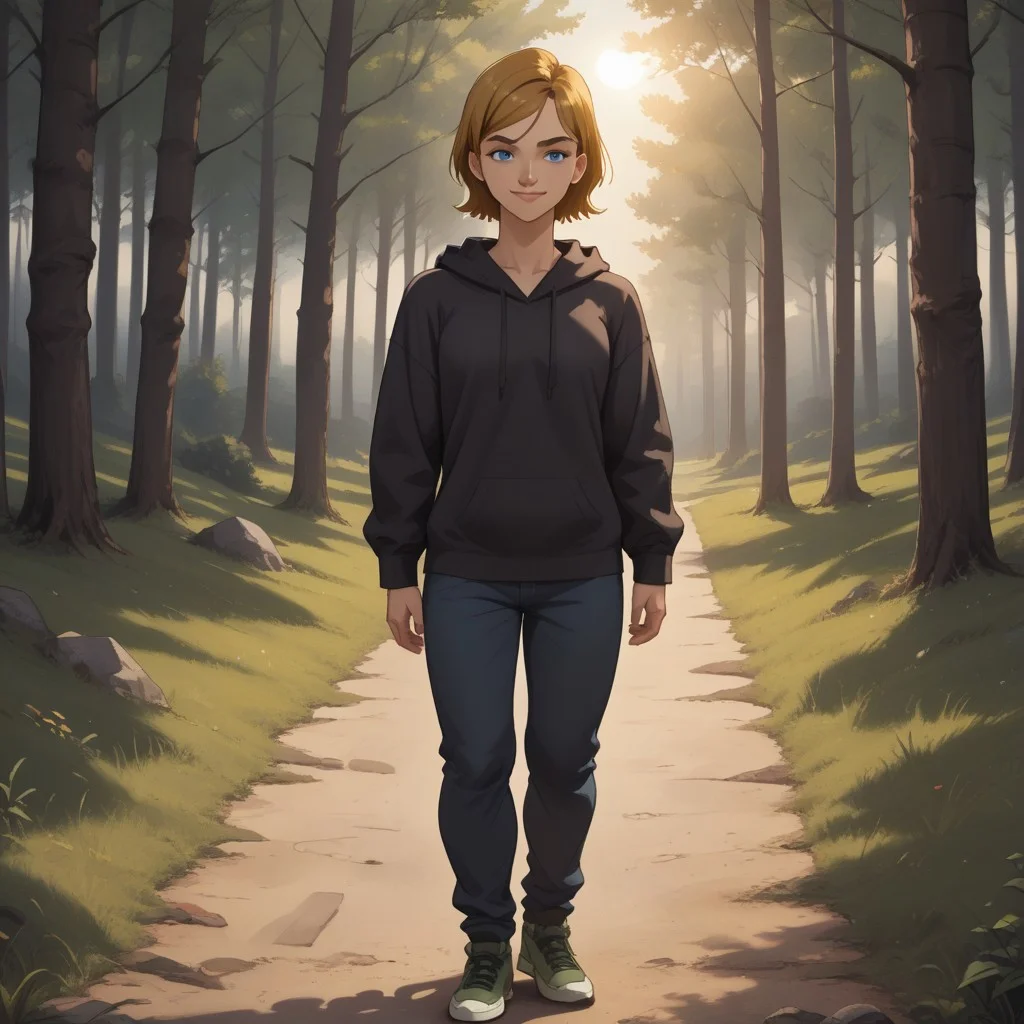 score_9, score_8, BREAK, solo, total drama, 1girl, dark blonde hair, indigo eyes, black eyebrows, pointy nose, lips, dark brown hoodie, dark blue pants, green sneakers, Jo_(\Total_Drama\), tdroti, short hair, sexy pose, smile, outdoors, sunlight, shadows, evening lighting, natural lighting, forest, trees, grass, orange sky, sunset