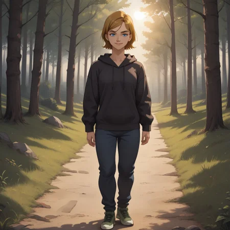 score_9, score_8, BREAK, solo, total drama, 1girl, dark blonde hair, indigo eyes, black eyebrows, pointy nose, lips, dark brown hoodie, dark blue pants, green sneakers, Jo_(\Total_Drama\), tdroti, short hair, sexy pose, smile, outdoors, sunlight, shadows, evening lighting, natural lighting, forest, trees, grass, orange sky, sunset