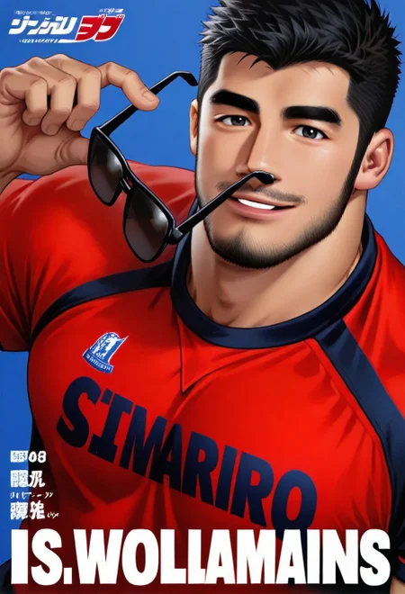 magazine cover,upper body,text background,japanese,text,blue background,dutch angle,dynamic pose,
advertising poster style,
1boy,bara,muscular male,mature male,male focus,sideburns,black hair,short hair,facial hair,beard,black eyes,thick eyebrows,
sportswear,red shirt,
looking at viewer,holding removed eyewear,sunglasses,parted lips,smile,hand pn chin,
very awa,masterpiece,best quality,absurdres,newest,perfect quality,detailed background,intricate details,
<lora:qjs-vc:0.95>,<lora:illustriousXL_stabilizer_v1.7:0.8>,<lora:hand 5.5:1>,