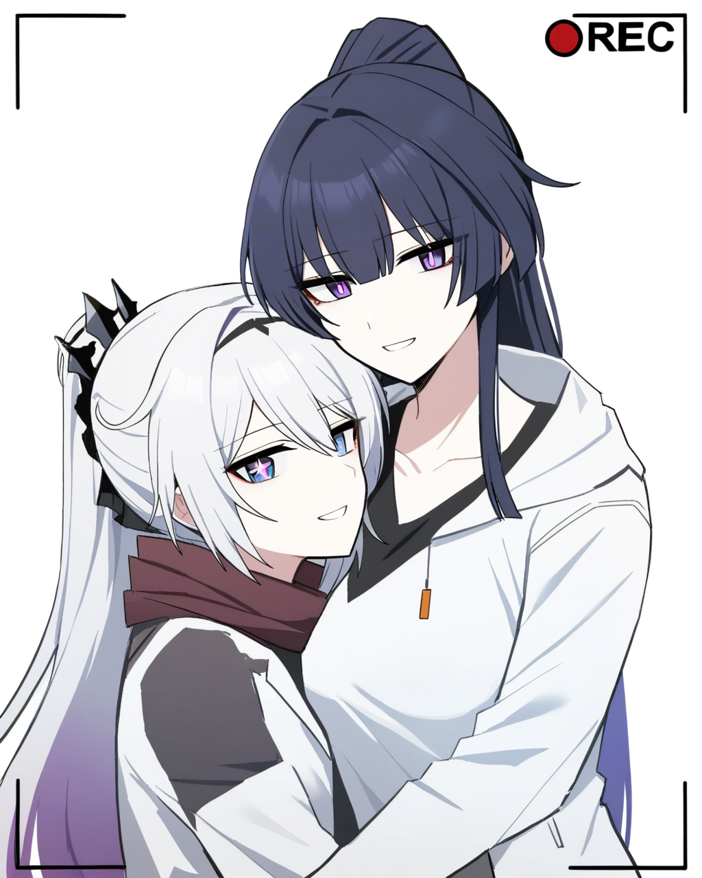 masterpiece,best quality,<lora:honkai_impact_all:1>,2girls, kiana kaslana, kiana kaslana \(herrscher of finality\), raiden mei, raiden mei \(herrscher of origin\), upper body, grin, scarf, + +, battery indicator, black jacket, black shirt, closed mouth, commentary, english commentary, highres, honkai \(series\), honkai impact 3rd, lix \(iroiro3843\), locked arms, looking at viewer, recording, simple background, wedding ring, white background, white jacket, white shirt, yuri