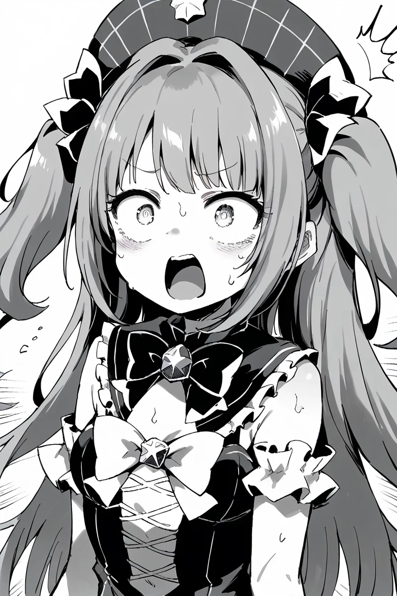 score_9, score_8_up, score_7_up, score_6_up,
<lora:Kihyahya:1> kihyahya, 1girl, monochrome, greyscale, virtual youtuber, open mouth, solo, two side up, long hair, sweat, hat, surprised, wide-eyed