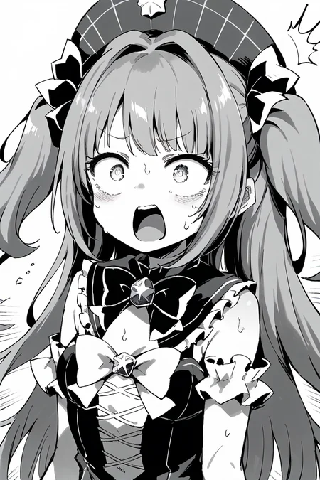 score_9, score_8_up, score_7_up, score_6_up,
 <lora:Kihyahya:1> kihyahya, 1girl, monochrome, greyscale, virtual youtuber, open mouth, solo, two side up, long hair, sweat, hat, surprised, wide-eyed