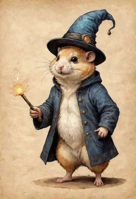 old book style ink illustration, on parchment, ink splashes, ink stains, ink smears, faded ink, chubby Dzungarian hamster in an adventurer's hat, (in the form of a gryphendor, conjures, does magic, holds a magic wand in his paws, magical sparks, magic), view from below, atmospheric dreamscape painting, dream scenery art, highly detailed visionary art, cgi style, vibrant oil painting, splash art, Cozy mystery, masterpiece 8k wallpapper, neoplasticism, Unreal Engine, dramatic lighting, coat, pantless, linquivera, liiv1, on parchment