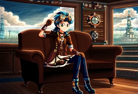 Indigo Zap as an inventor, score_9, score_9, score_8, score_9, score_9, score_9, score_9, solo, detailed, (teenage girl), (steampunk_costume: waistcoat, corsets, a shirt with winged collar, brooch, gloves, top hat, and goggles), (goggles on the head), Indigo Zap_(mlp), equestria girls, eqg, (cutie mark on clothes), g4, mansion setting, interior, living room, sitting, couch, steam lamps, television, windows, cityscape, clocktower, sky world, cloud, (blue sky with white clouds), steampunk architecture, Victorian Architecture, rugged tomboyish spiky hair, masculine facial features, curious face, curious pose, full-body shot, front view, natural lightings, digital painting, watercolor painting, g4, <lora:add_details>, <lora:add_scenery>, <indigo_zap:1>