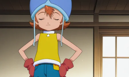 (((best quality))), (((masterpiece))), absurdres, official style, anime screencap, 1girl, solo, sora takenouchi, digimon, orange hair, short hair, closed eyes, yellow shirt, sleeveless shirt, red gloves, blue helmet, jeans, hands on own hips