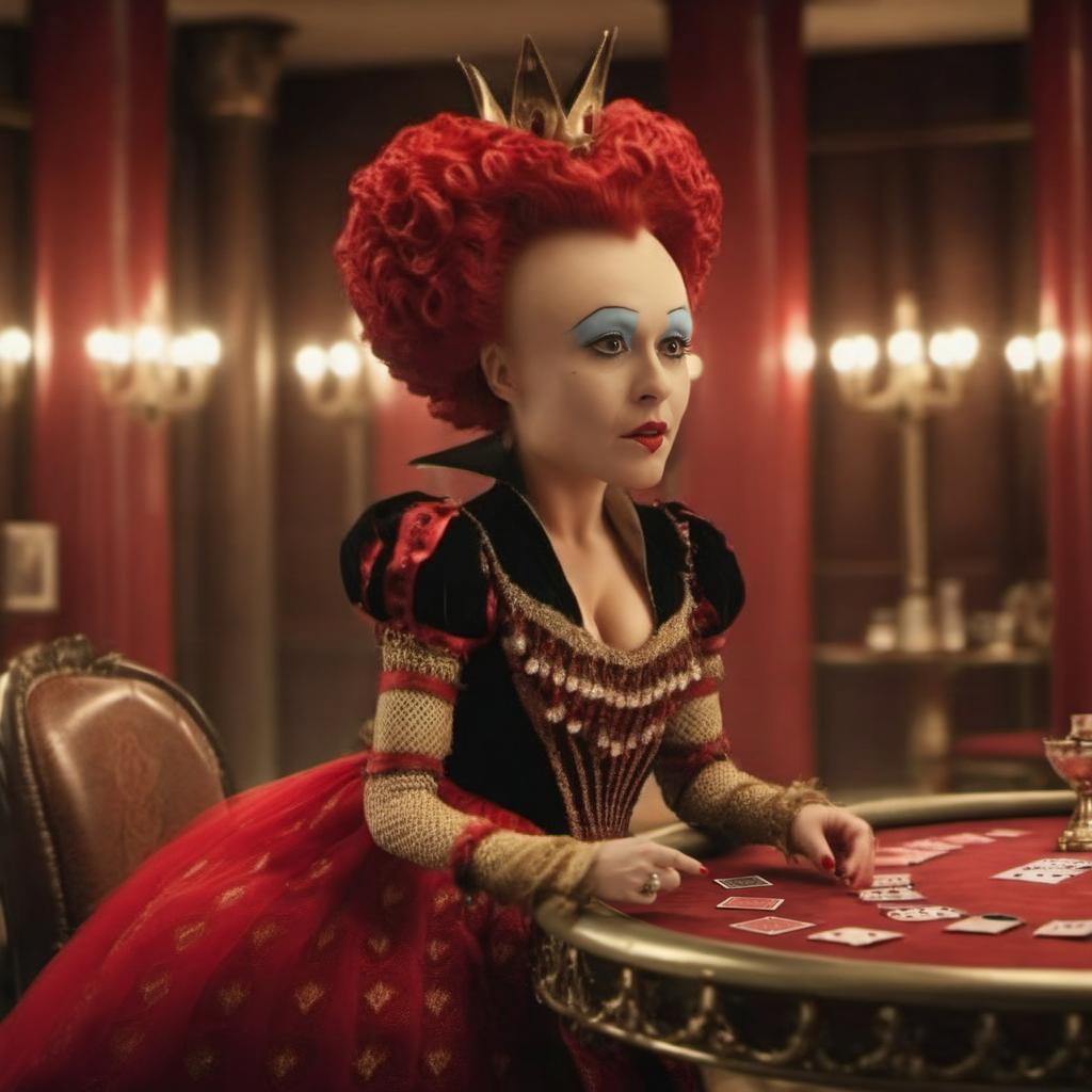 cinematic photo a woman, weird makeup, red dress, playing poker in a casino, cigar, wiskey <lora:RedQueen1024:0.8> . 35mm photograph, film, bokeh, professional, 4k, highly detailed