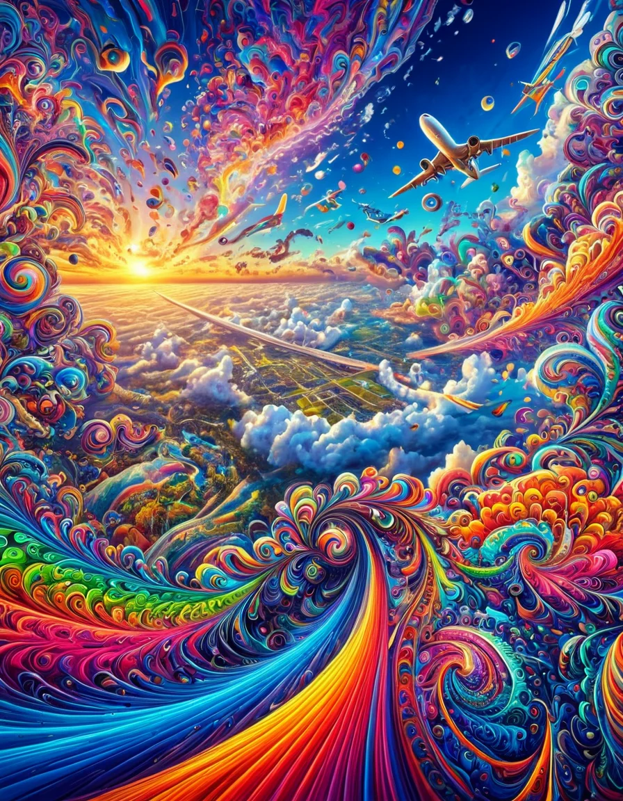 Masterpiece psychedelicv2lora, colorful, scenery, sky, pov of an airplane . Exquisite detail, flawless composition, high-resolution, stunning quality
