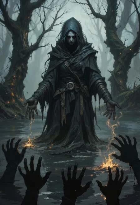 A ghostly maiden of mist and sorrow, her form is semi-transparent, flickering between corporeal and ephemeral. Her long, wispy hair floats as if submerged in water, and her hollow eyes weep glowing silver tears that dissolve into smoke before hitting the ground. She wears tattered robes of forgotten memories, their edges fraying into nothingness. Behind her, shadowy hands reach from the abyss—souls she has guided or consumed, depending on her whim. The air around her is unnaturally cold, and faint whispers echo in her wake. The background is a drowned forest, where skeletal trees rise from black waters, and pale will-o’-the-wisps dance in the fog. The composition is haunting, emphasizing her tragic beauty and the eerie pull of the unknown.