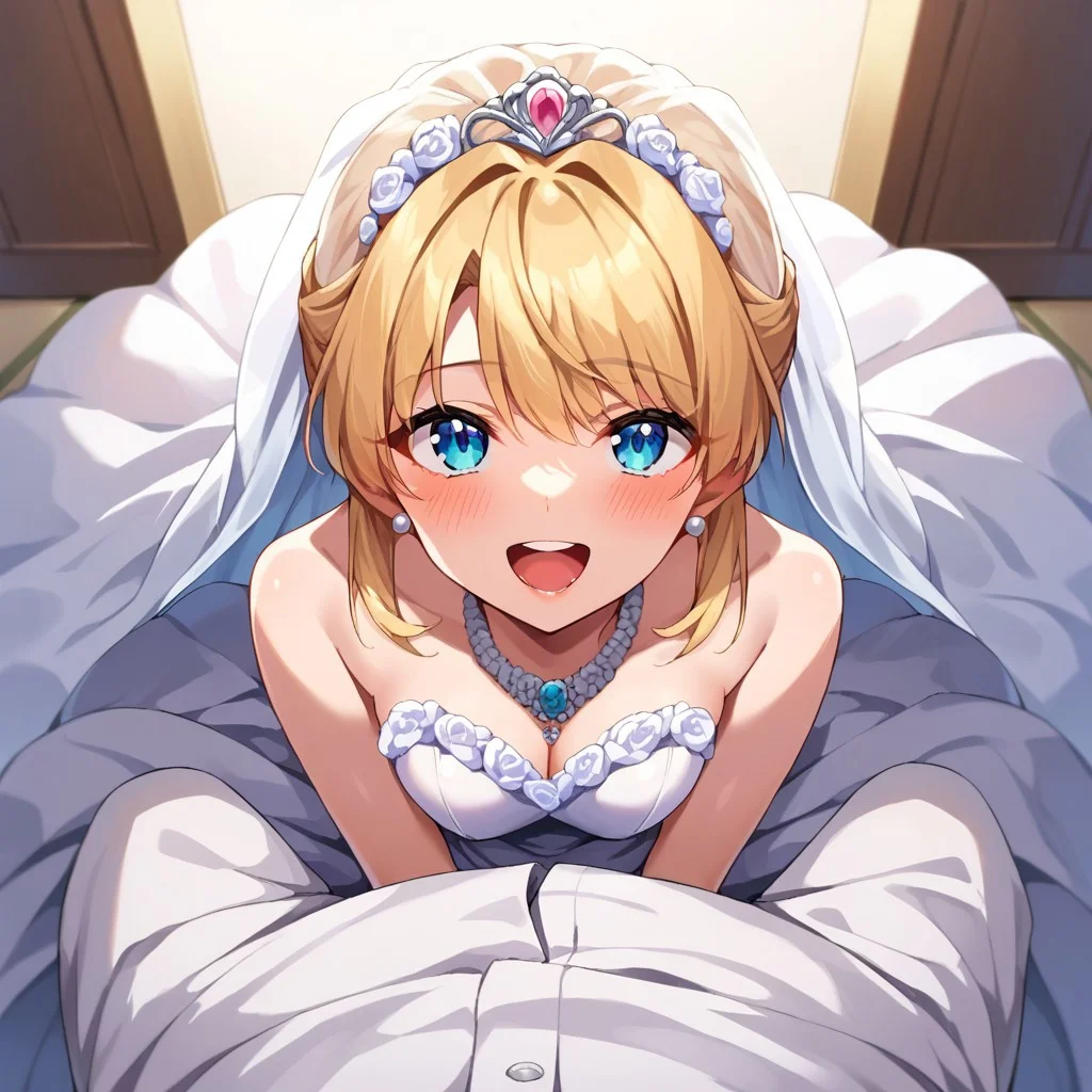score_9, score_8_up, score_7_up, source_anime, wedding dress, POV, looking at viewer, blush, smile, open mouth, upper teeth only