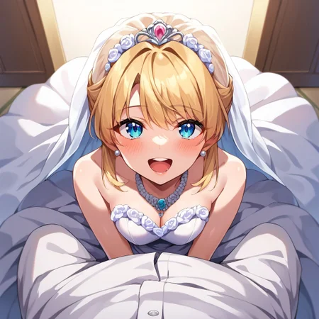 score_9, score_8_up, score_7_up, source_anime, wedding dress, POV, looking at viewer, blush, smile, open mouth, upper teeth only