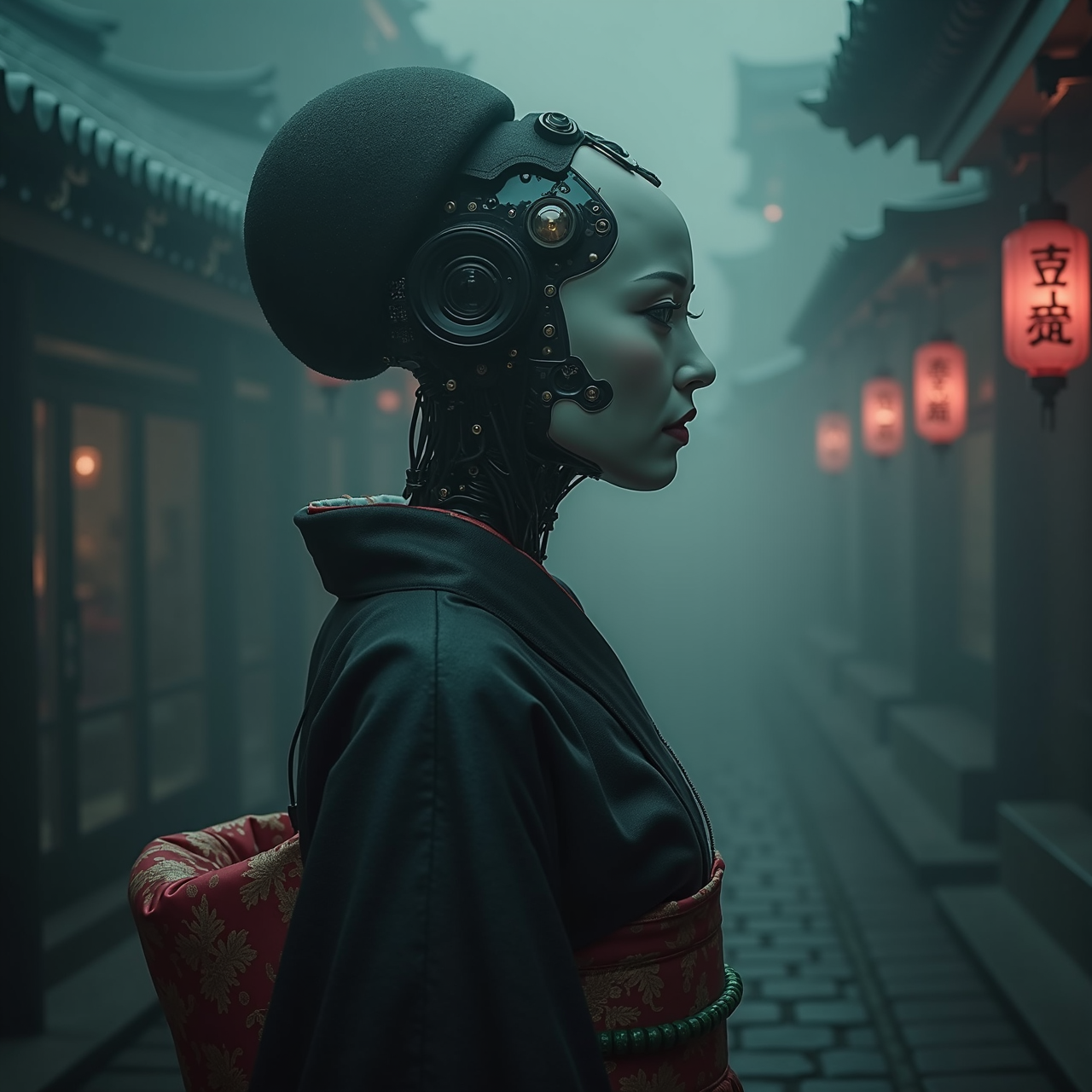 ((1woman Geisha::1.4), ((android::1.5)  from film ghost in shell:1.2) (cyborg parts:1.2), (dark movie atmosphere:1.1), fog,(natural light:1.1)