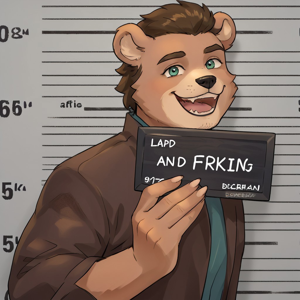 2d, bear, bearian, ken mugshot meme, holding, nameplate, holding sign, letterboxed, looking at viewer, open mouth, smile, upper body, mugshot, english text, english text who says ''Dbearian''