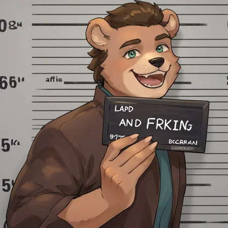 2d, bear, bearian, ken mugshot meme, holding, nameplate, holding sign, letterboxed, looking at viewer, open mouth, smile, upper body, mugshot, english text, english text who says ''Dbearian''