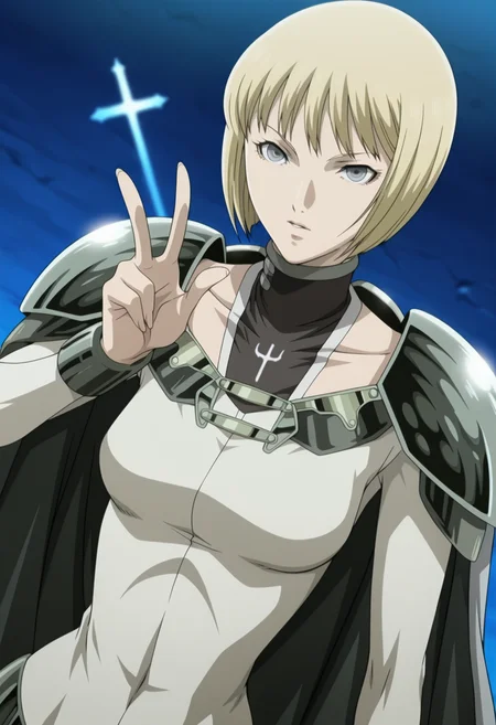 anime screencap, anime coloring, 1girl, solo, <lora:DX888ClareIL:1> clare, blonde hair, grey eyes, blonde hair, bob cut, cape, bodysuit, pauldrons BREAK simple background, blue background, cross background, BREAK upper body, dutch angle, dynamic pose, posing, w,