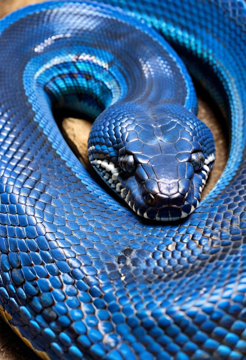 Realistic photograph, extremely realistic. Close up photo of a vibrantly blue snake coiled up, looking sideways at the viewer with realistic snake scales. snake scales, macro, snake skin pattern
