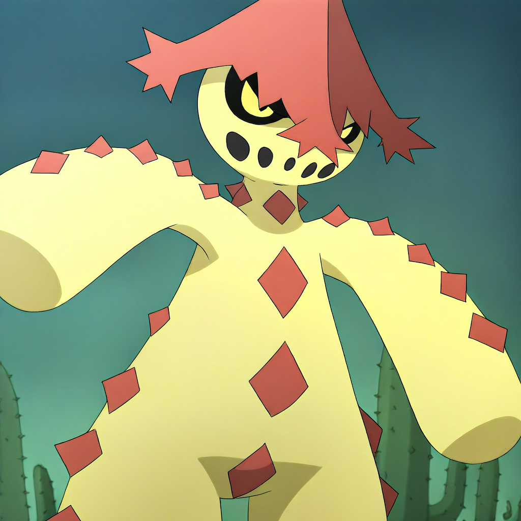 Masterpiece, absurd res, high detail, best quality, 8k, cacturne, plant humanoid, cactus, yellow body, shiny pokemon, arms outstretched, looking away, angry, cinematic, anime screencap, soft glow,