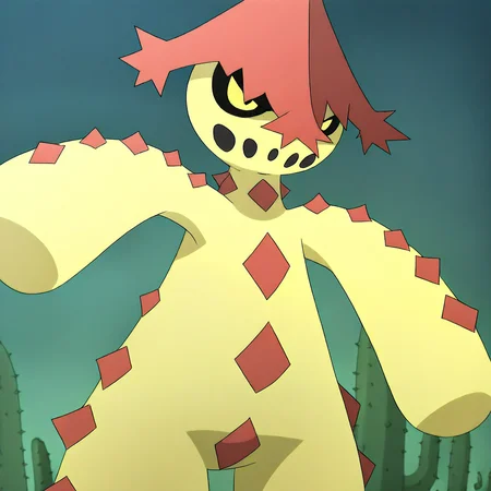 Masterpiece, absurd res, high detail, best quality, 8k, cacturne, plant humanoid, cactus, yellow body, shiny pokemon, arms outstretched, looking away, angry, cinematic, anime screencap, soft glow,