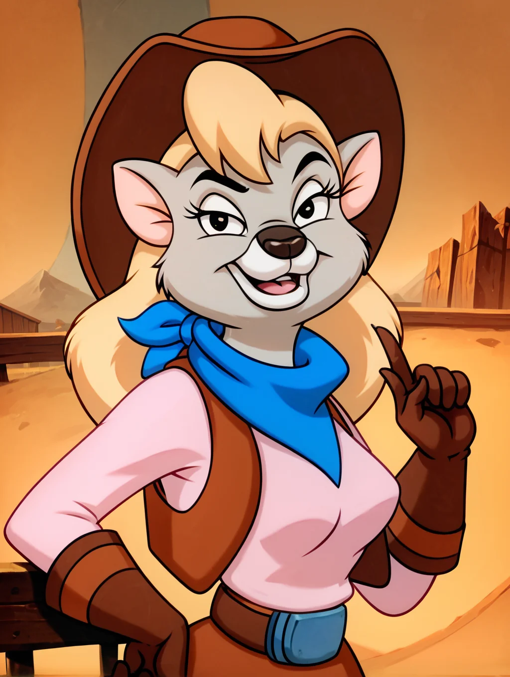 score_9, score_8_up, score_7_up, toon \(style\),ultra high quality,ultra high resolution,ultra ,full body, seductive, very realistic,(extremely detailed), detailed background,,(masterpiece, best quality, high quality, highres, ultra-detailed),toon (style), flat color, <lora:Clementine_Clevenger_Talespin:0.9> clementine, grey fur, blonde hair, cat, anthro, long hair, blue scarf, cowboy hat, long eyelashes, open vest, brown vest, pink shirt, brown headwear, brown gloves, black eyes, long sleeves,upper body,seductive smile,teeth,medium breasts,tail,narrow waist,belt,belt buckle,ranch background,finger on nipple,
