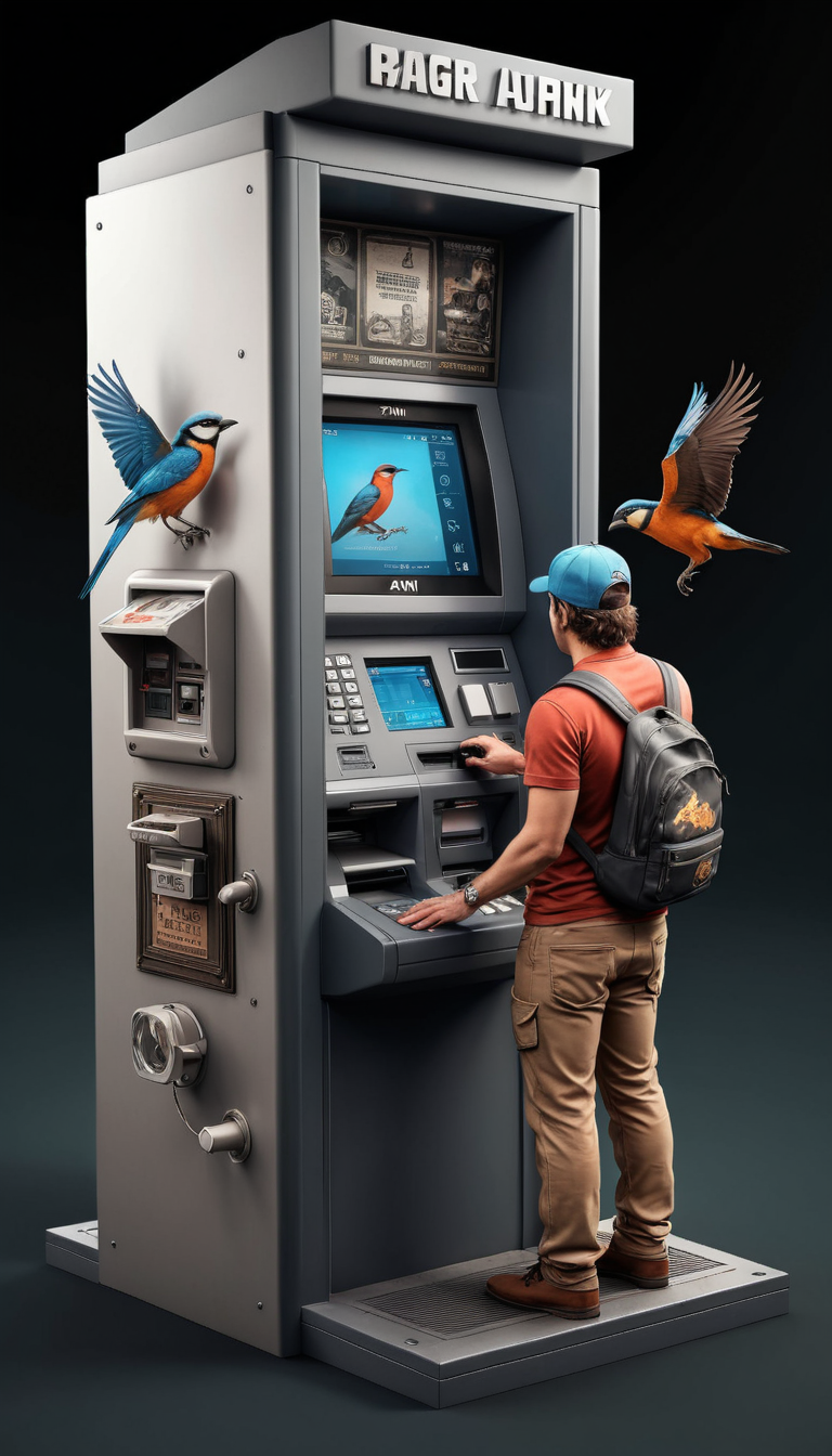 a realistic photo of big ATM machine repairer bumping into Bird , <lora:IPXL_v2:0.3> inkpunk, <lora:Isometric Cutaway:0.8> Isometric Cutaway page,  <lora:Astigmatism_0.5b:0.33>,  <lora:add-detail-xl:2>