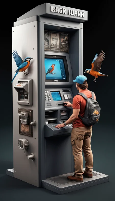 a realistic photo of big ATM machine repairer bumping into Bird , <lora:IPXL_v2:0.3> inkpunk, <lora:Isometric Cutaway:0.8> Isometric Cutaway page,  <lora:Astigmatism_0.5b:0.33>,  <lora:add-detail-xl:2>