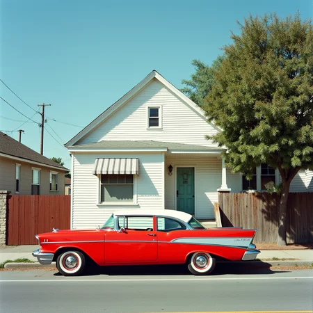 analog film photo  <lora:Technicolor style v2:1> Technicolor style
In the 1950's a red car parked in front of a white house,outdoors,sky,day,tree,no humans,window,ground vehicle,building,scenery,motor vehicle,fence,car,road,house,vehicle focus,power lines,street,utility pole , vivid color, cinematic look, film look, filmic, contrast, detailed, high quality, sharp image, film color, Kodak, Motion Picture, Film style, different color, vivid color, different people, different look, different style, 35MM Film, 16MM Film, Photographic film, artistic style, cinematic style, film granularity, film noise, image noise, artistic effect, Fujicolor, Fuji film, Analog photography, movie style, movie still, Film grain overlay, Film Grain style, Technicolor style . faded film, desaturated, 35mm photo, grainy, vignette, vintage, Kodachrome, Lomography, stained, highly detailed, found footage