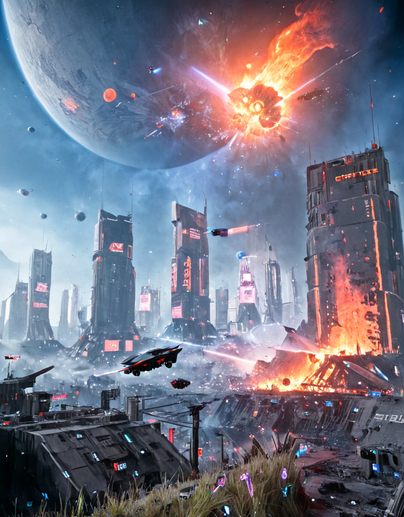 <lora:Space_Worlds_01__Poetic_xl:0.7> sw01p_xl, in space, melting lava planet near explosion, lava asteroids exploding, space nebula, planet decaying, chaos, destruction, end of world, space war, space battle, <lora:City_Worlds:1.0> citybkg, high buildings, signs, neons, explosions, fire, hell, detailed, dramatic, cinematic, stuning effects, photo, low buildings, bus, from ground, houses, grass,