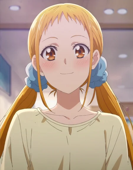 score_9, score_8_up, score_7_up, anime screencap, solo,1girl,kasuganourara, smile, blush, scrunchie, yellow shirt, hair ornament, hair scrunchie, facing viewer, indoors, shirt, collarbone, blue scrunchie, cowboy shot,low <lora:kasuganourara:0.8>,