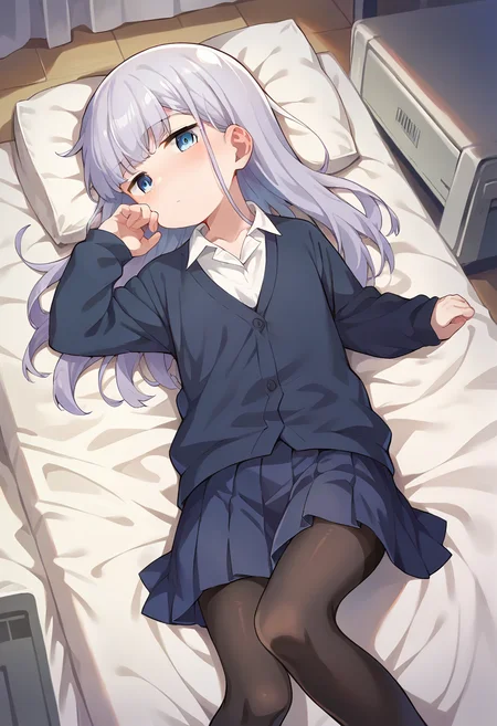 score_9, score_8_up, score_7_up, source_anime, masterpiece, 1girl, ctianaharen, jitome, school uniform, collared shirt, cardigan, blue skirt, black pantyhose, lying, on back, dakimura,   <lora:Reinaaharen_pony_ct:0.9>